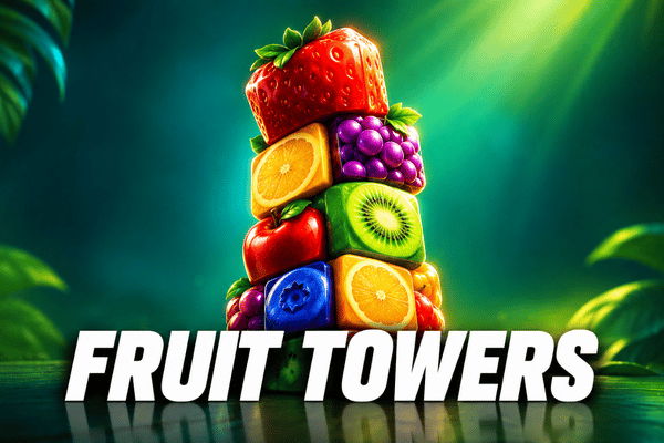 Colorful fruit towers stack with strawberry orange kiwi apple grapes - fruit stacking slot game