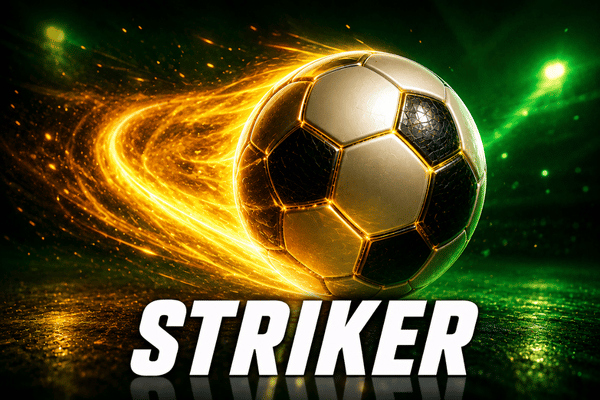 Fiery soccer ball striker with golden fire trail on green stadium - football striker game