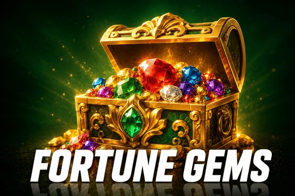 Golden treasure chest filled with colorful fortune gems and diamonds - treasure slot game