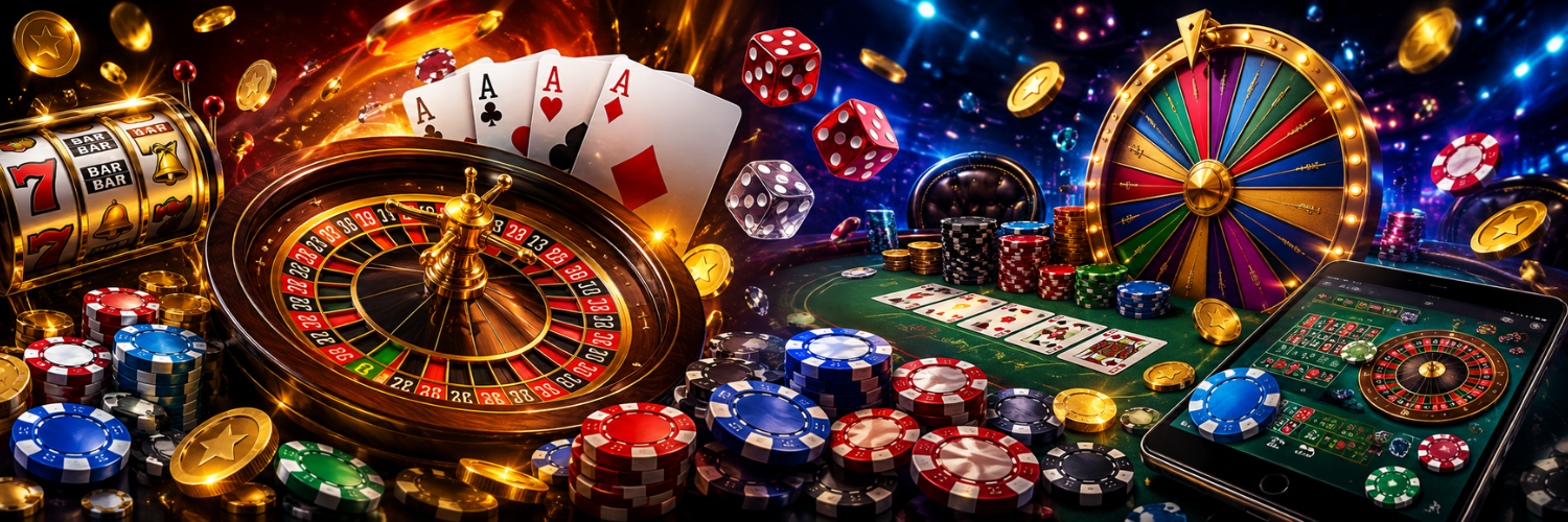 Luxury online casino banner with roulette wheel slot machine poker cards dice chips and wheel of fortune