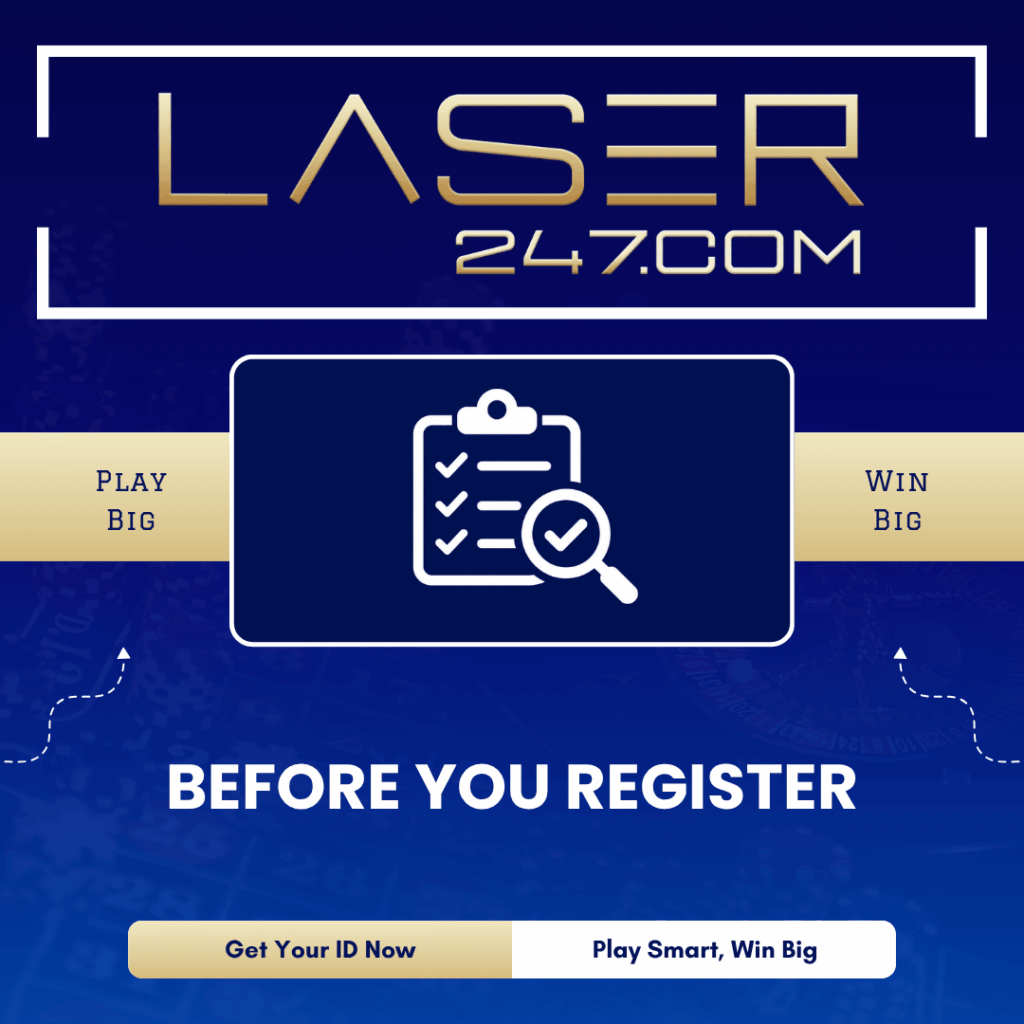 Laser247.com before you register checklist graphic with clipboard and verification magnifying glass icon for gaming ID signup