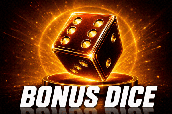 Golden glowing bonus dice on pedestal with bright lights - lucky casino bonus dice roll