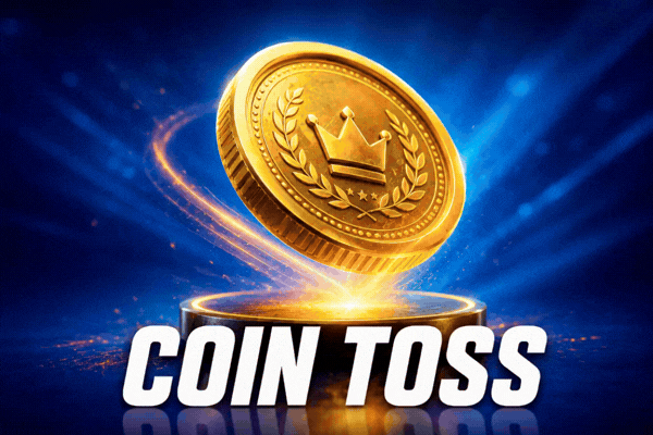 Golden crown coin toss glowing on pedestal with blue light trails - lucky casino coin flip