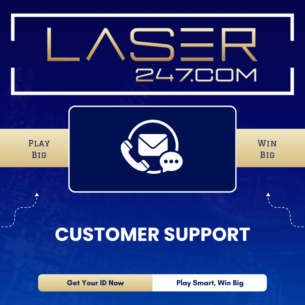 Laser247.com customer support graphic with contact icons for phone email and chat assistance for gaming ID
