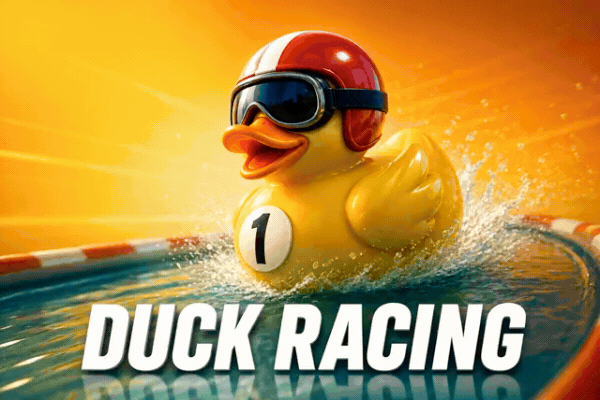 Funny yellow rubber duck wearing racing helmet and goggles racing in water - duck racing game