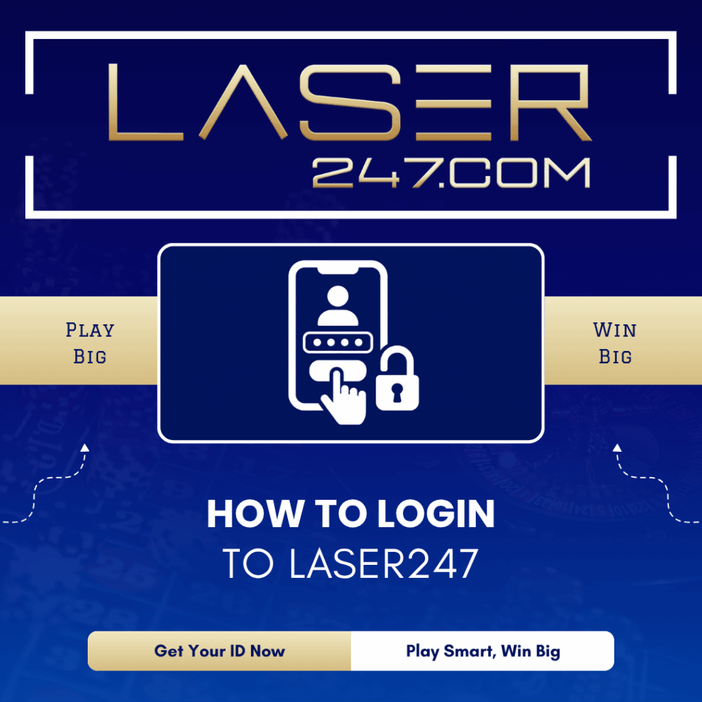 How to login to Laser247 graphic with mobile phone showing user login and padlock icon for secure account access