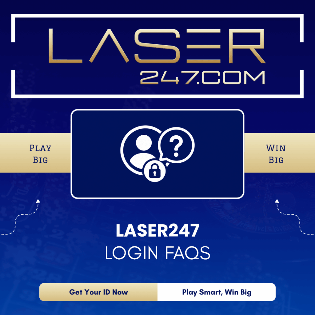 Laser247 login FAQs graphic with user profile, question bubble and padlock icon for login help and account support