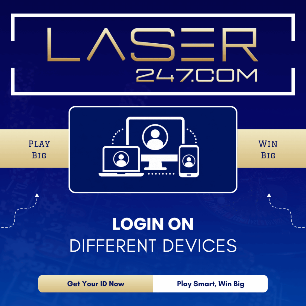 Login on different devices graphic with laptop desktop and mobile icons showing user profile for multi-device access