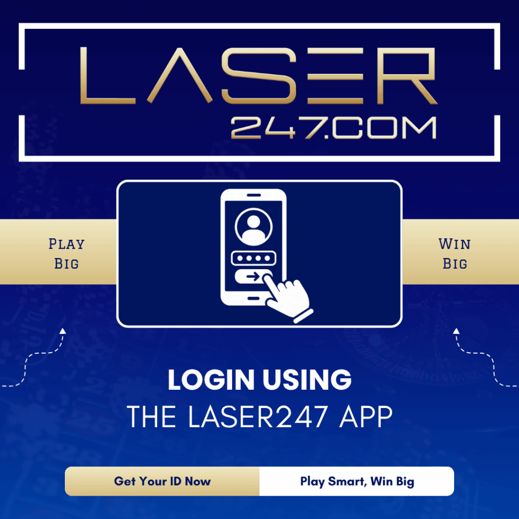 Login using the Laser247 app graphic with smartphone login form and hand tap icon for mobile app access