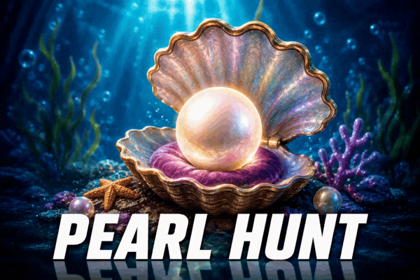 Glowing giant pearl in open oyster shell underwater with coral - pearl hunt treasure game
