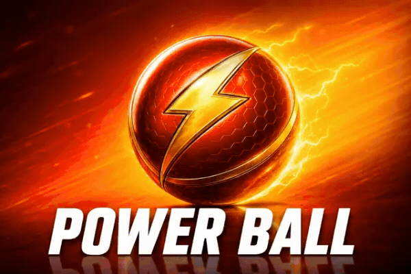 Glowing red power ball with golden lightning bolt and fiery energy trails - powerball lottery game