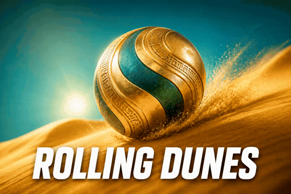 Golden ancient rolling ball in desert dunes with sand trail - rolling dunes casino game