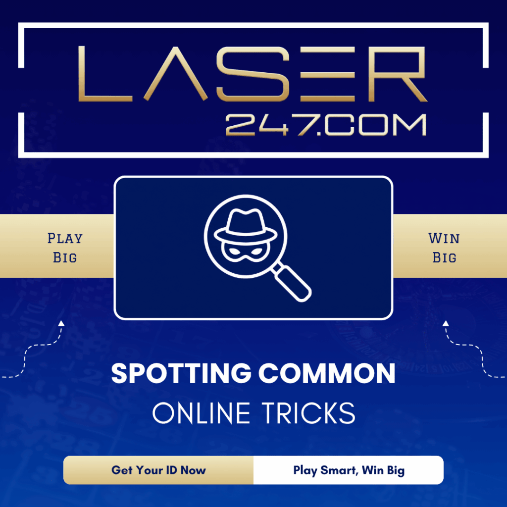 Spotting common online tricks graphic with magnifying glass inspecting masked hacker icon for scam awareness